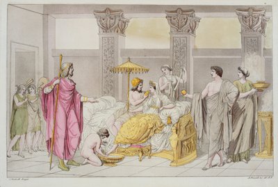 Bryllupet til Ulysses og Penelope, illustrasjon fra Le Costume Ancien ou Moderne av Jules Ferrario, gravert av A. Biasoli, Milano 1821 (fargegravering) av Angelo Monticelli