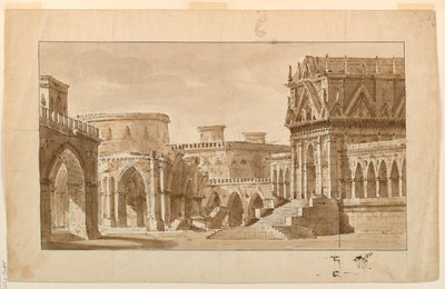 Scenedesign, gotisk palass, kirke og festning av Angelo Toselli