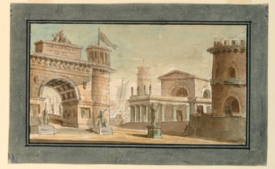 Scenedesign, gruppe bygninger nær havnen av Angelo Toselli