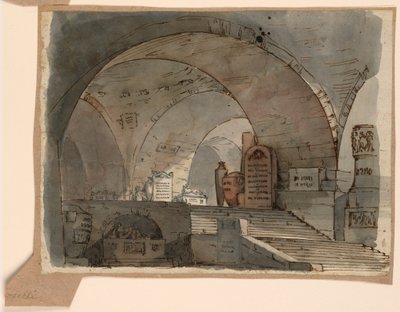 Scenedesign, underjordisk hvelvede rom med graver av Angelo Toselli