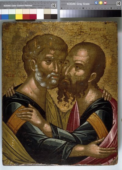 Ikon for The Embrace of the Apostles Peter and Paul (olje på lerret på panel) av Angelos Akotantos