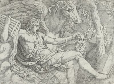 Apollo holder rør i høyre hånd akkompagnert av Pegasus, 1556-60. av Angiolo Falconetto