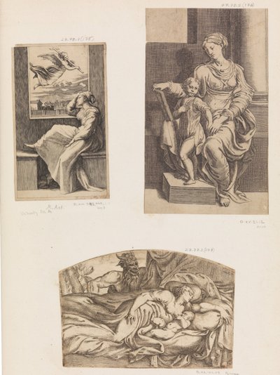 Kvinne og engel, jomfru og barn, Satyr ser på en ung mor og et barn som sover, 1555-1567. av Angiolo Falconetto