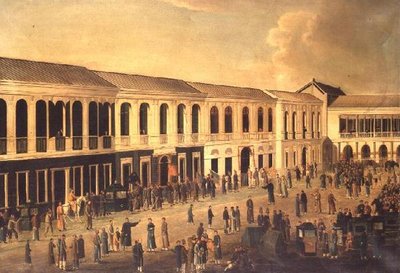 En utsikt over Hongs ved vannkanten i Canton, ca. 1825 av Anglo Chinese School