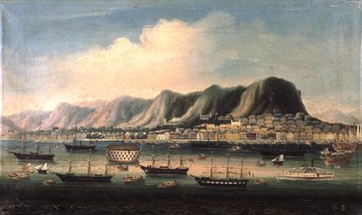 Utsikt over Hong Kong, med en Prison Hulk og en Paddlesteamer i havnen (olje på lerret) av Anglo Chinese School
