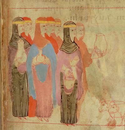 Cott Claud B IV f.76 Kvinner med gull pannebånd, fra Aelfric Pentateuch, fra St. Augustine