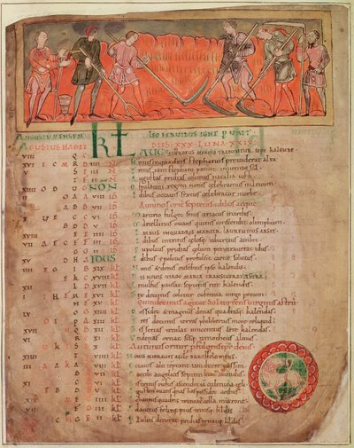 Cott Tib B V f.6v Harvesting, from a Calendar, c.1030 (vellum) (for detaljer se 61654) av Anglo Saxon