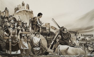 Julius Cæsar (100–44 f.Kr.) ledet soldatene sine over den lille elven Rubicon og marsjerte mot Roma (gouache på papir) av Angus McBride