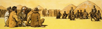 Pionerer forhandler med stammehøvdinger i Afrika av Angus McBride