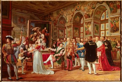 Francois 1.s århundre: Francois 1. Konge av Frankrike mottok maleriet av den hellige familie i Fontainebleau, sendt fra Roma av Raphael (Raffaello sanzio italiensk maler) som en hyllest til hans takknemlighet. På sidene skiller vi: (Del til venstre o av Anicet Charles Gabriel Lemonnier