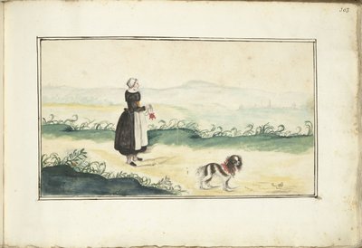 Bondekvinne og hund i et landskap av Anna Cornelia Moda (possibly)