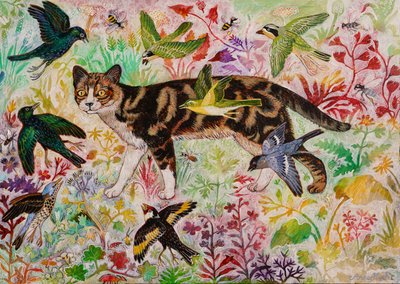 Tabby og fuglene, 2019 (akryl) av Anna Pugh