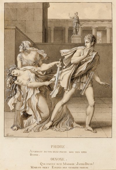 Phaedre, etter å ha erklært sin lidenskap, forsøker å drepe seg selv med Hippolytus sverd av Anne-Louis Girodet de Roucy-Trioson