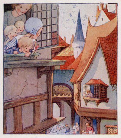 Barnerim: Hark! Hark! Hundene bjeffer! (farge litho) av Anne (after) Anderson
