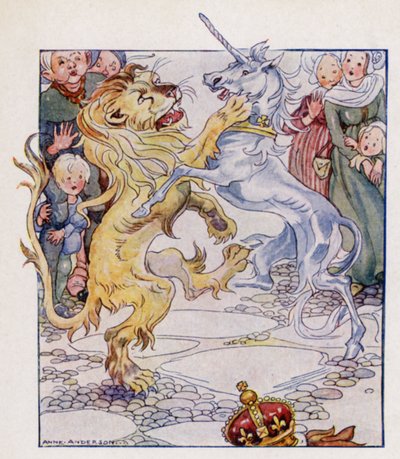 Barnerim: Løven og enhjørningen (farge litho) av Anne (after) Anderson