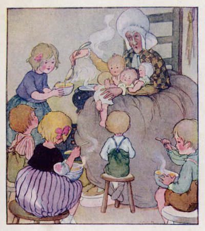 Barnerim: Det var en gammel kvinne som bodde i en sko (farge litho) av Anne (after) Anderson