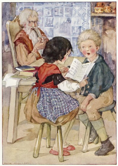 Peter satt og stirret på Heidi i dyp frykt (farge litho) av Anne (after) Anderson