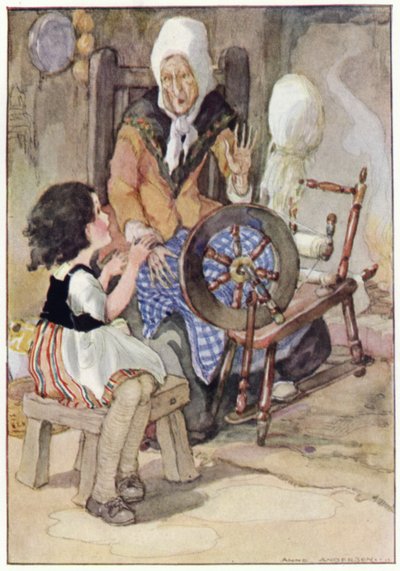Bestemoren startet opp fra snurrehjulet sitt (farge litho) av Anne (after) Anderson