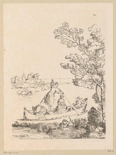 Elvelandskap med en båt rodd av en kvinne Cabinet du Roy (serietittel på objekt) av Anne Claude Philippe Caylus
