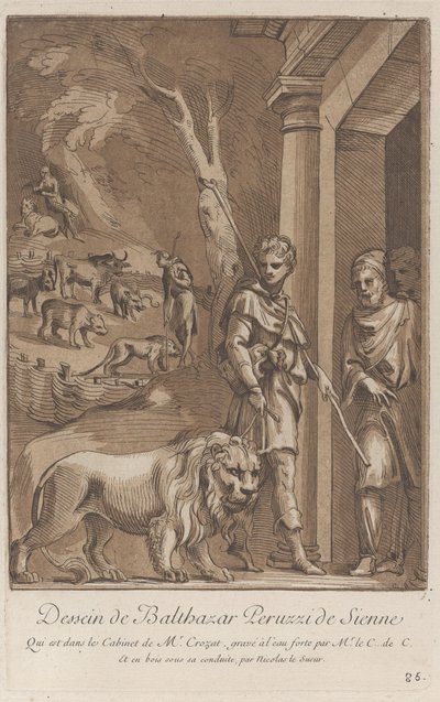 En gjeter som holder en løve i bånd i forgrunnen, i mellomgrunnen sh..., ca. 1729-64 av Anne Claude Philippe de