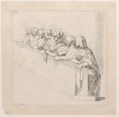 Syv kvinner som sitter bak en lav vegg, 1700-tallet. av Anne Claude Philippe de Caylus