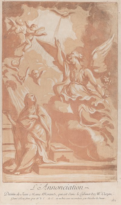 Bebudelsen med jomfruen som kneler til venstre og Gabriel vises til høyre, ca. ..., ca. 1729. av Anne Claude Philippe de Caylus