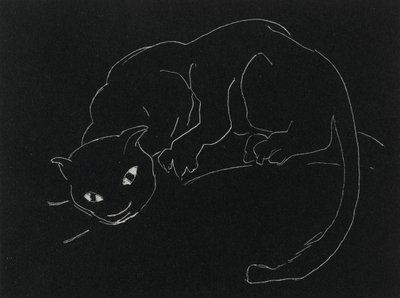 Night Series: The Cat (litho, hvit linje på vevd papir) av Anne Goldthwaite