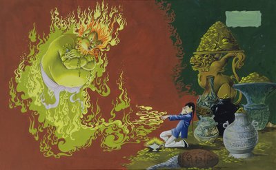 Aladdin, illustrasjon fra Deans Gold Medal Book of Fairy, Tales Number 2 pub. av Dean & Sons Ltd., 1965 (gouache på tonet papir) av Anne Grahame Johnstone