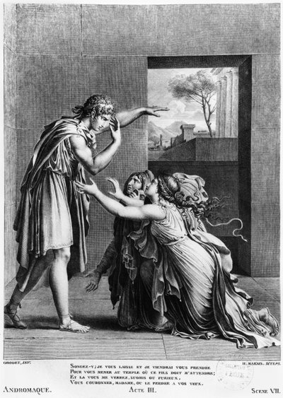 Andromache ved føttene av Pyrrhus, illustrasjon fra akt III scene 7 av 