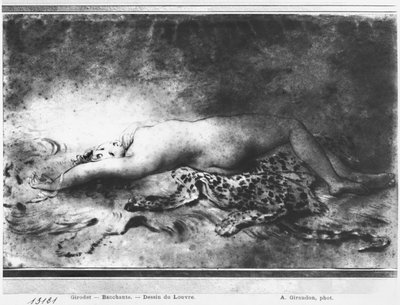 Naken ung jente som ligger på et dyreskinn (stubbe og svart blyant på papir) av Anne Louis Girodet de Roucy Trioson