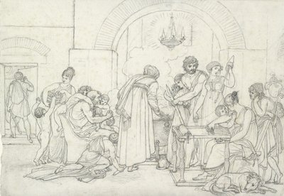 Rustikk interiør i antikken (svart kritt på hvitt papir med fin tekstur) av Anne Louis Girodet de Roucy Trioson