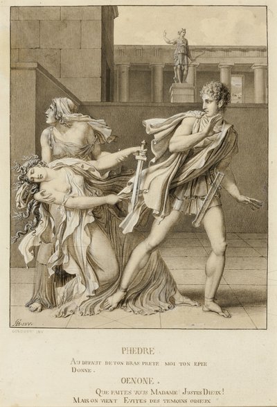 Phaedre, etter å ha erklært sin lidenskap, forsøker å drepe seg selv med Hippolytus sverd av Anne-Louis Girodet de Roussy-Trioson