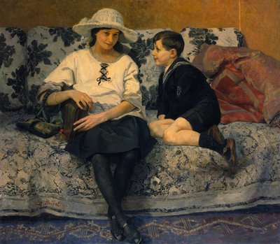 En ung jente og en ung gutt på en sofa (olje på lerret) av Anne Marie Henriette Brejat