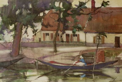 Båt på en kanal, fransk landsby av Anne Redpath