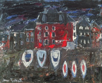 Båtverft, Amsterdam (olje om bord) av Anne Redpath