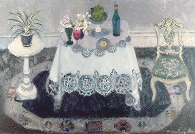 Grått og hvitt interiør (olje på lerret) av Anne Redpath