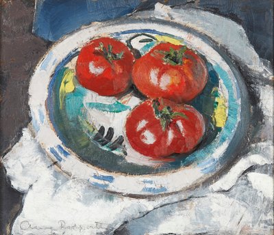 Stilleben - tre tomater (olje om bord) av Anne Redpath