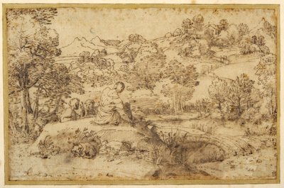 Landskap, i forgrunnen tre menn som hviler og en hund som sover, ved en bekk (penn og brunt blekk på papir) av Annibale (follower of) Carracci