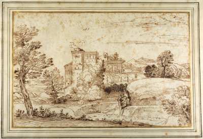 Landskap med et slott og ruinene av en klassisk portiko (penn og brunt blekk på papir) av Annibale (follower of) Carracci