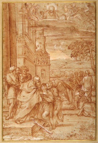 Den fortapte sønns retur, etter Annibale Carracci (rødt kritt og forhøyning på papir) av Annibale (follower of) Carracci