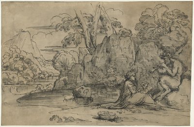 Landskap med en fløyte som spiller satyr, kvinne og putto av Annibale Carracci (attributed to)