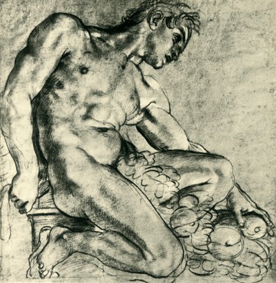 En sittende Ignudo med en krans, 1598-1599, 1943. av Annibale Carracci