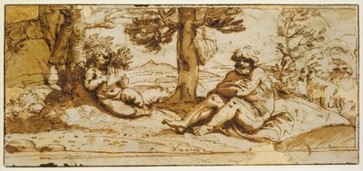 Flötenspielender Amor und Silenus in einer arkadischen Landschaft av Annibale Carracci