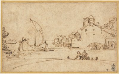 Landskap med figurer ved en elvemunning med seilbåter av Annibale Carracci