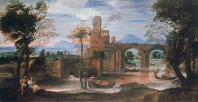 Elvelandskap med slott og bro, ca. 1598 (olje på lerret) av Annibale Carracci