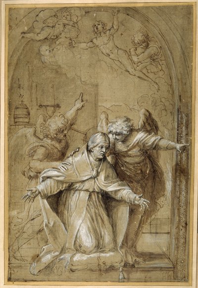 St Gregory deltatt av engler som ber for sjeler i skjærsilden (penn og brunt blekk med brun vask og forhøyning) av Annibale Carracci