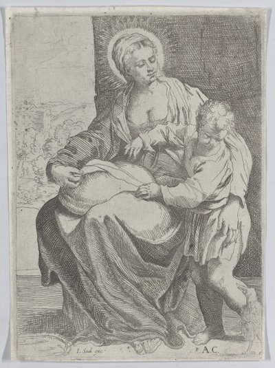 Jomfruen satt og holdt en pute på fanget med den unge Kristus stående til høyre..., 1580-1600. av Annibale Carracci