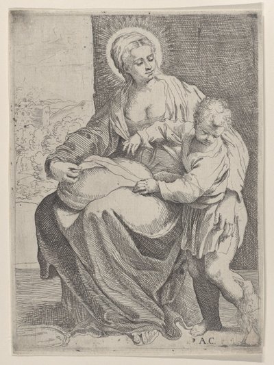 Jomfruen satt og holdt en pute på fanget med den unge Kristus stående til høyre..., 1580-1600. av Annibale Carracci