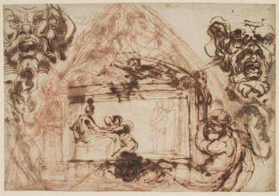 Utkast til dekorasjon av en hvelvmantel. Til Galleria Farnese, Palazzo Farnese i Roma. Utkast også to mascheroni av Annibale Carracci