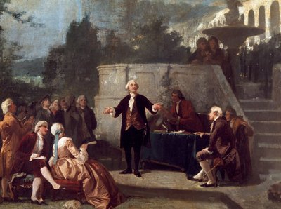 Den italienske dramatikeren Carlo Goldoni (1707-1793) erklærer en sonett foran medlemmene av Colonia Alfea (tilsvarende Academy of Arcadia i Pisa) i Scotto Garden of Pisa Painting av Annibale Gatti (1828 - 1909) av Annibale Gatti